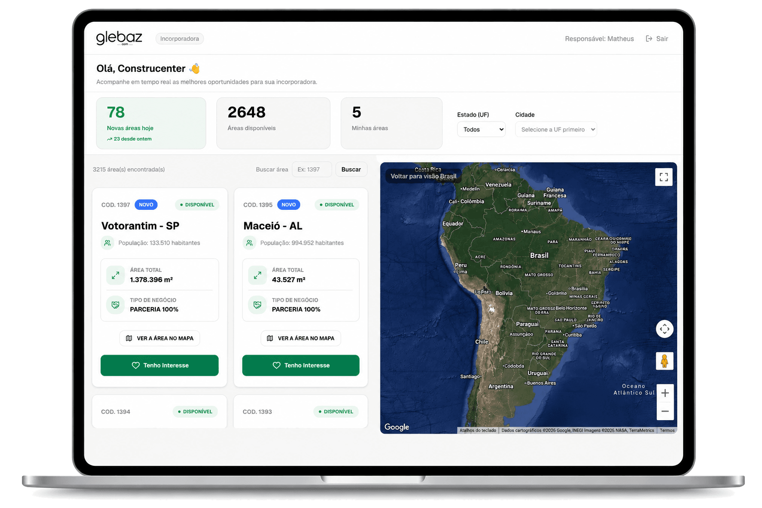 Painel da incorporadora Glebaz mostrando áreas disponíveis