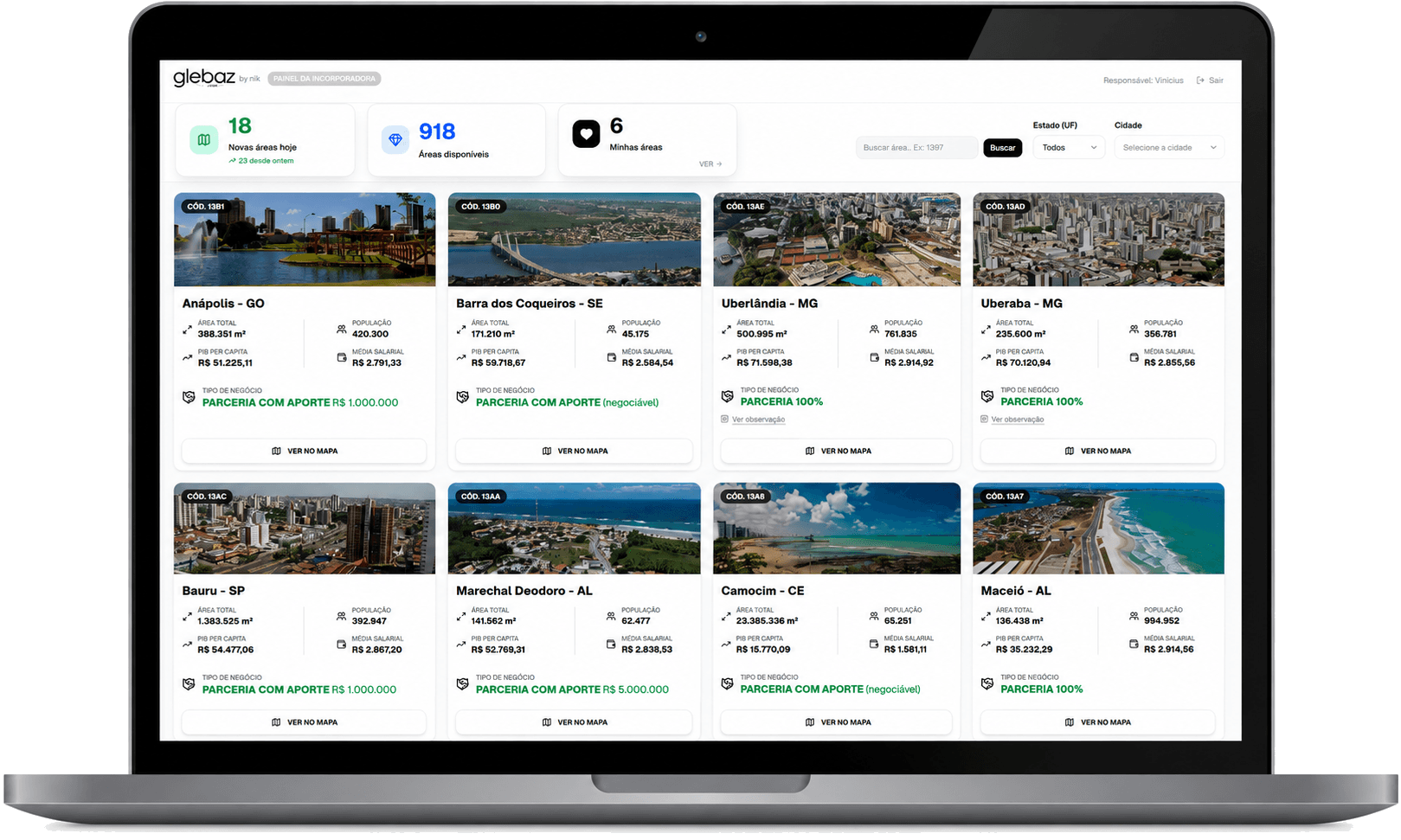 Painel da incorporadora Glebaz mostrando áreas disponíveis